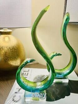 Murano Glassware Hand blown Art Glass sculpture blue green yellow clear Set Of 2