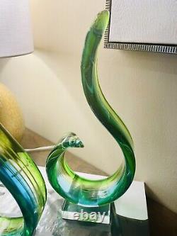 Murano Glassware Hand blown Art Glass sculpture blue green yellow clear Set Of 2