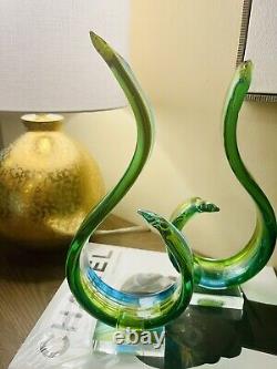 Murano Glassware Hand blown Art Glass sculpture blue green yellow clear Set Of 2