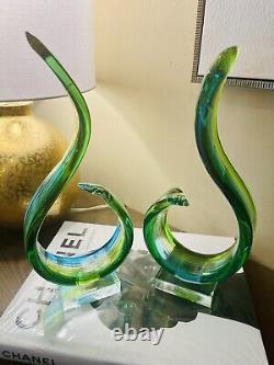 Murano Glassware Hand blown Art Glass sculpture blue green yellow clear Set Of 2