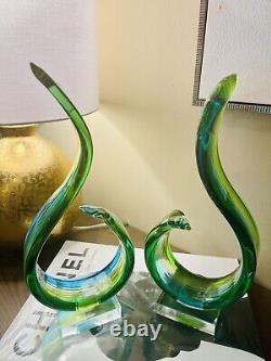 Murano Glassware Hand blown Art Glass sculpture blue green yellow clear Set Of 2