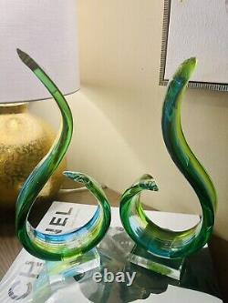 Murano Glassware Hand blown Art Glass sculpture blue green yellow clear Set Of 2