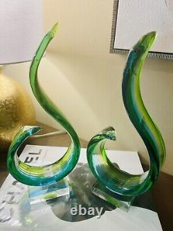 Murano Glassware Hand blown Art Glass sculpture blue green yellow clear Set Of 2