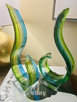 Murano Glassware Hand blown Art Glass sculpture blue green yellow clear Set Of 2