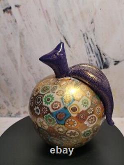 Murano Golden Quilt Millefiori Hand Blown Glass Apple Purple Stem Gold Overlay