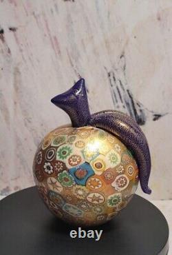 Murano Golden Quilt Millefiori Hand Blown Glass Apple Purple Stem Gold Overlay