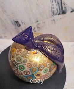 Murano Golden Quilt Millefiori Hand Blown Glass Apple Purple Stem Gold Overlay