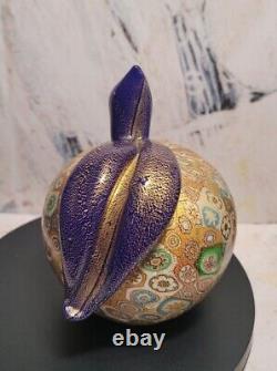 Murano Golden Quilt Millefiori Hand Blown Glass Apple Purple Stem Gold Overlay