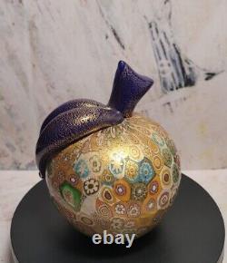 Murano Golden Quilt Millefiori Hand Blown Glass Apple Purple Stem Gold Overlay