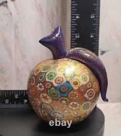 Murano Golden Quilt Millefiori Hand Blown Glass Apple Purple Stem Gold Overlay