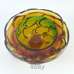 Murano Green & Amber Sommerso Glass Textured Geode Bowl