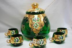 Murano Green Glass Italian Punch Bowl Set Bowl Ladle 5 Cups M4433