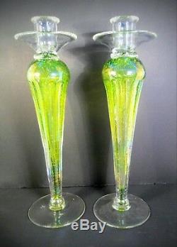Murano Green Irridescent Glass Candle Sticks with Controlled Bubbles 13 in Tall