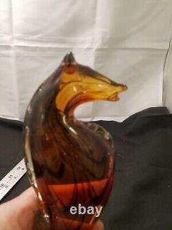 Murano Hand Blown 10 Amber & Brown Swril Seahorse Art Glass Sculpture