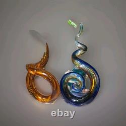 Murano Hand Blown Art Glass Abstract Swirl Sculpture Cobalt Amber 13 Tall