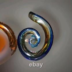Murano Hand Blown Art Glass Abstract Swirl Sculpture Cobalt Amber 13 Tall