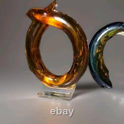 Murano Hand Blown Art Glass Abstract Swirl Sculpture Cobalt Amber 13 Tall