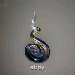 Murano Hand Blown Art Glass Abstract Swirl Sculpture Cobalt Amber 13 Tall