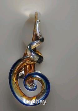 Murano Hand Blown Art Glass Abstract Swirl Sculpture Cobalt Amber 13 Tall