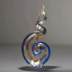 Murano Hand Blown Art Glass Abstract Swirl Sculpture Cobalt Amber 13 Tall