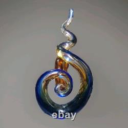 Murano Hand Blown Art Glass Abstract Swirl Sculpture Cobalt Amber 13 Tall