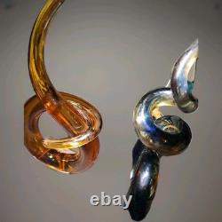 Murano Hand Blown Art Glass Abstract Swirl Sculpture Cobalt Amber 13 Tall
