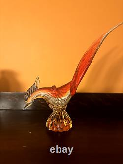 Murano Hand Blown Art Glass Amber, Red & White Roadrunner Figurine Bird 12.5