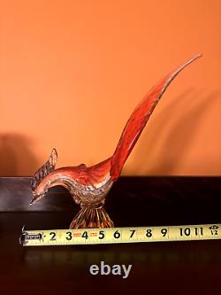 Murano Hand Blown Art Glass Amber, Red & White Roadrunner Figurine Bird 12.5