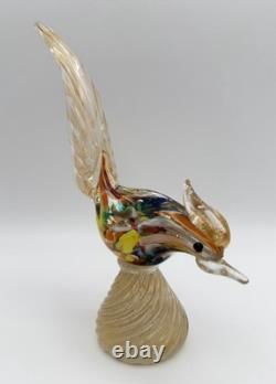 Murano Hand Blown Art Glass Colorful Pheasant Bird Figurine 9.5 w Gold Vintage
