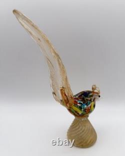 Murano Hand Blown Art Glass Colorful Pheasant Bird Figurine 9.5 w Gold Vintage