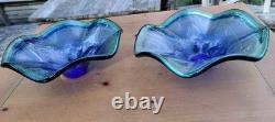 Murano Hand Blown Art Glass Flower Dish Blue Ruffled Edge Blue & Green Italy