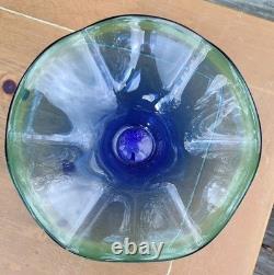 Murano Hand Blown Art Glass Flower Dish Blue Ruffled Edge Blue & Green Italy