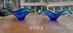 Murano Hand Blown Art Glass Flower Dish Blue Ruffled Edge Blue & Green Italy