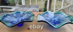 Murano Hand Blown Art Glass Flower Dish Blue Ruffled Edge Blue & Green Italy