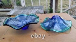 Murano Hand Blown Art Glass Flower Dish Blue Ruffled Edge Blue & Green Italy