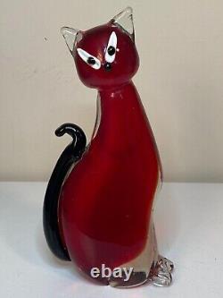 Murano Hand Blown Art Glass Red & Translucent Cat 8 inches Tall with Black Tail