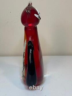 Murano Hand Blown Art Glass Red & Translucent Cat 8 inches Tall with Black Tail