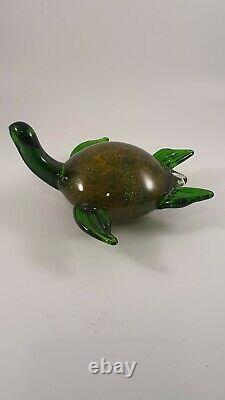 Murano Hand Blown Art Glass Sea Turtle. Signed. Green and brown. Abstract Desige