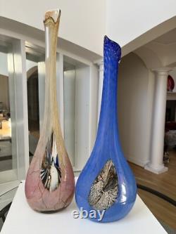 Murano Hand Blown, Cased, Abstract Art Glass, Swung, Vase Set. 30 & 26 Tall