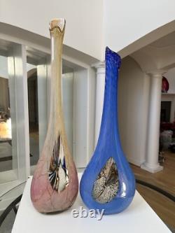 Murano Hand Blown, Cased, Abstract Art Glass, Swung, Vase Set. 30 & 26 Tall