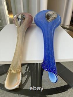 Murano Hand Blown, Cased, Abstract Art Glass, Swung, Vase Set. 30 & 26 Tall