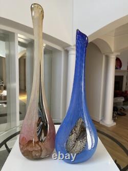 Murano Hand Blown, Cased, Abstract Art Glass, Swung, Vase Set. 30 & 26 Tall