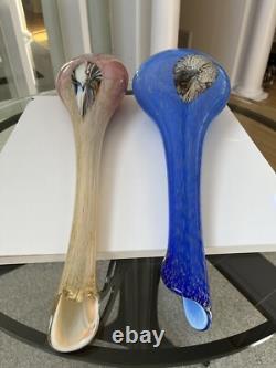Murano Hand Blown, Cased, Abstract Art Glass, Swung, Vase Set. 30 & 26 Tall
