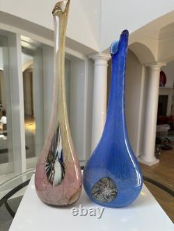 Murano Hand Blown, Cased, Abstract Art Glass, Swung, Vase Set. 30 & 26 Tall