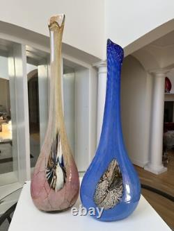 Murano Hand Blown, Cased, Abstract Art Glass, Swung, Vase Set. 30 & 26 Tall