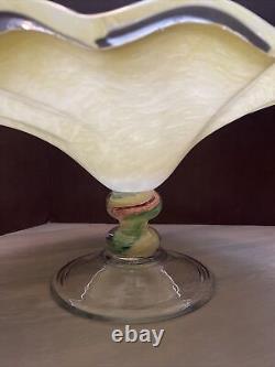 Murano Hand Blown Cased Art Glass Pedestal Bowl Yellow Scalloped Edge Italy Lrg