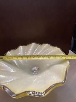 Murano Hand Blown Cased Art Glass Pedestal Bowl Yellow Scalloped Edge Italy Lrg