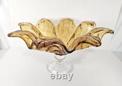 Murano Hand Blown Crystal Amber Wave Flower Bowl Pedestal Centerpiece 18Wx9.5T