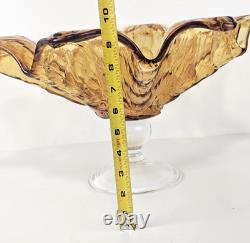 Murano Hand Blown Crystal Amber Wave Flower Bowl Pedestal Centerpiece 18Wx9.5T