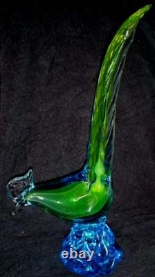 Murano Hand Blown Glass Art Figurine Blue Green Pheasant Roadrunner 13